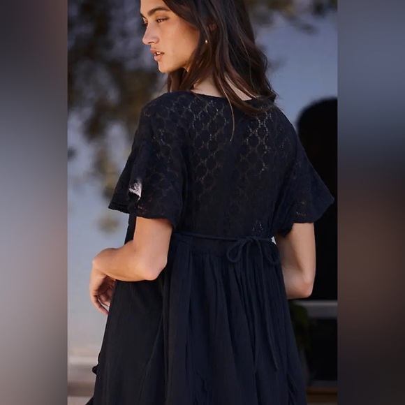 NWOT Free People Bring The Romance Black Lace Ruffle Babydoll Midi Dress size XS - Picture 2 of 12